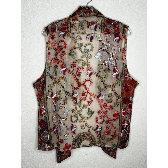 ANU Vest Womens Large Multicolor Sheer Wool Embroidered Paisley Boho Open Front - Picture 2 of 9